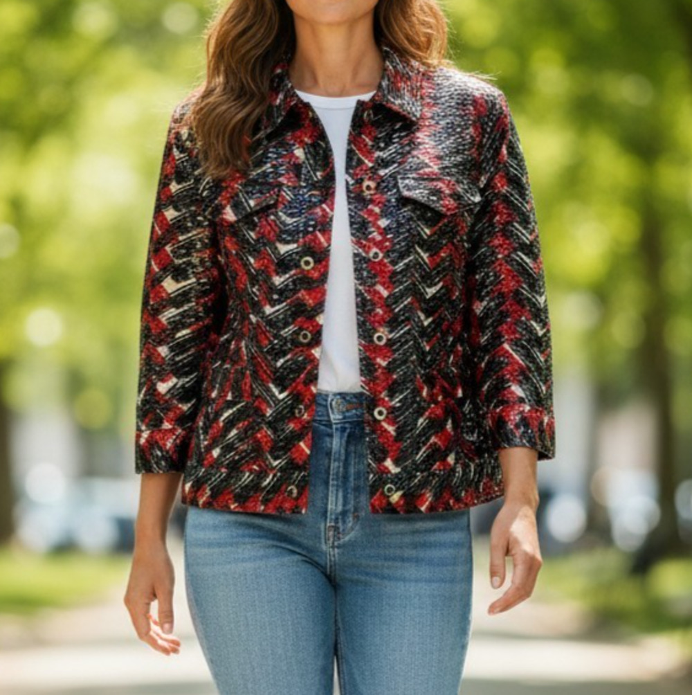Ruby Road Sparkle Jacket Black & Red Women's 12P Polyester Spandex Button Up